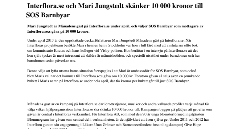 Interflora.se och Mari Jungstedt skänker 10 000 kronor till SOS Barnbyar