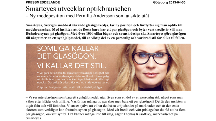 Smarteyes utvecklar optikbranschen – ny modeposition med Pernilla Andersson som ansikte utåt