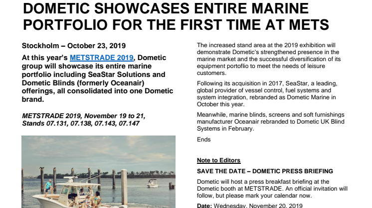 Dometic Showcases Entire Marine Portfolio for the First Time at METSTRADE