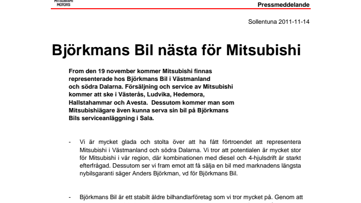 Björkmans Bil nästa för Mitsubishi