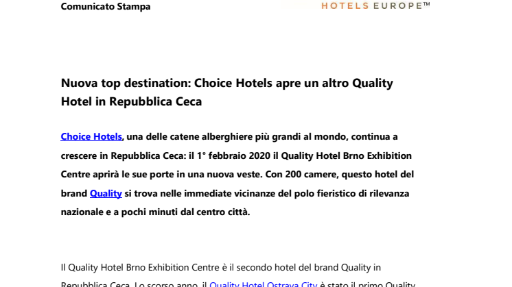 Nuova top destination: Choice Hotels apre un altro Quality Hotel in Repubblica Ceca 