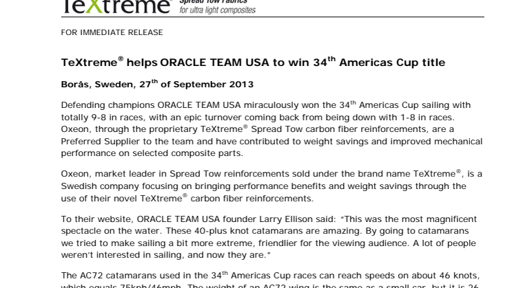 TeXtreme® helps ORACLE TEAM USA to win 34th Americas Cup title