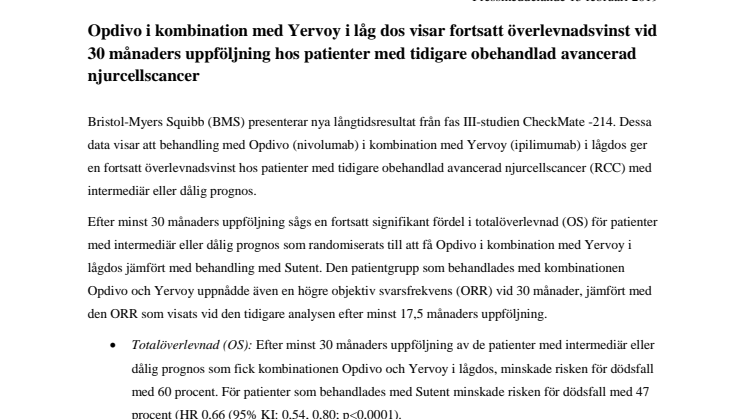 Opdivo i kombination med Yervoy i låg dos visar fortsatt överlevnadsvinst vid 30 månaders uppföljning hos patienter med tidigare obehandlad avancerad njurcellscancer