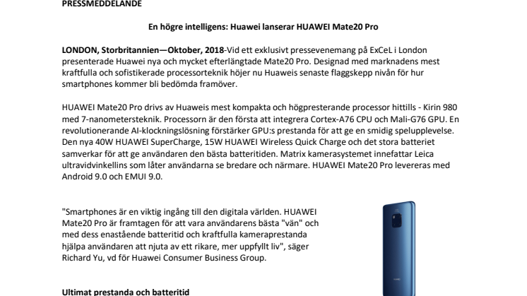 En högre intelligens: Huawei lanserar HUAWEI Mate20 Pro