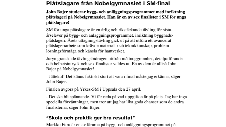 Plåtslagare från Nobelgymnasiet i SM-final
