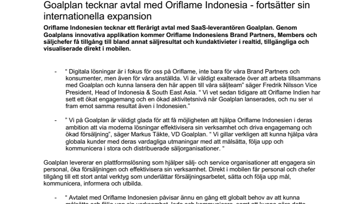 Goalplan tecknar avtal med Oriflame Indonesia - fortsätter sin internationella expansion