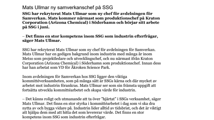 Mats Ullmar ny samverkanschef på SSG
