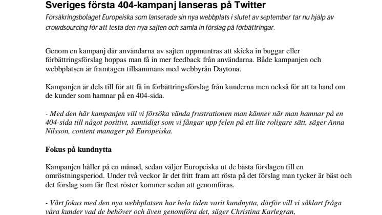 Sveriges första 404-kampanj lanseras på Twitter