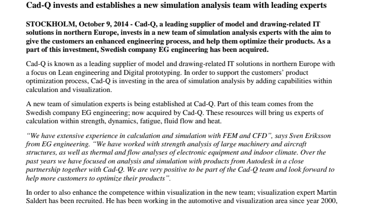 Cad-Q invests and establishes a new simulation analysis team with leading experts 