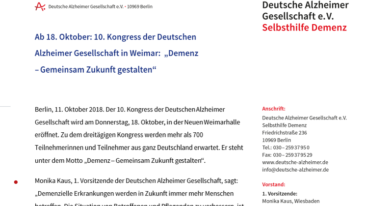 Ab 18. Oktober: 10. Kongress der Deutschen Alzheimer Gesellschaft in Weimar:  „Demenz – Gemeinsam Zukunft gestalten“