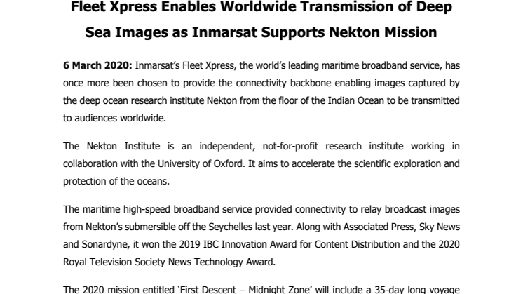 Fleet Xpress Enables Worldwide Transmission of Deep Sea Images as Inmarsat Supports Nekton Mission