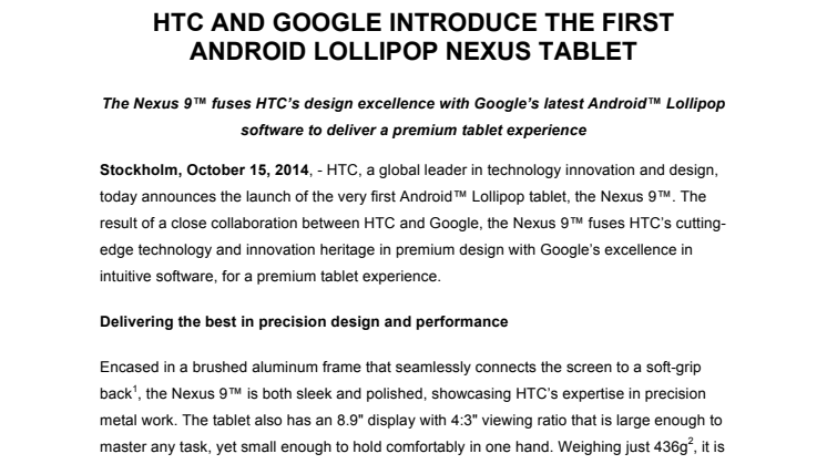 HTC AND GOOGLE INTRODUCE THE FIRST ANDROID LOLLIPOP NEXUS TABLET 