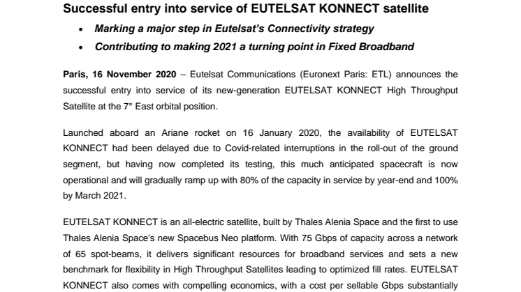 Successful entry into service of EUTELSAT KONNECT satellite 