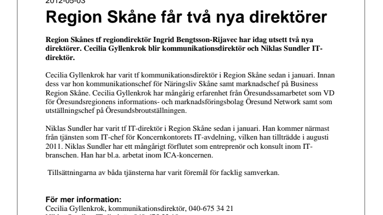 Region Skåne får två nya direktörer