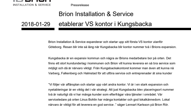	Brion Installation & Service etablerar VS kontor i Kungsbacka