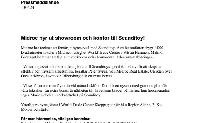 Midroc hyr ut showroom och kontor till Scanditoy!