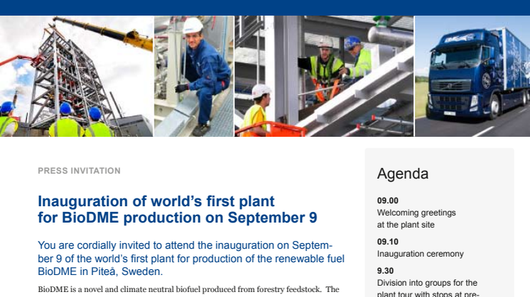 Inauguration of world’s first plant for BioDME production on September 9