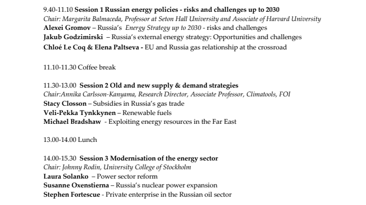 Program - Forskarkonferens 24 maj om Rysk energipolitik och dess säkerhetspolitiska konsekvenser