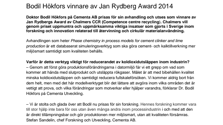 Bodil Hökfors vinnare av Jan Rydberg Award 2014 