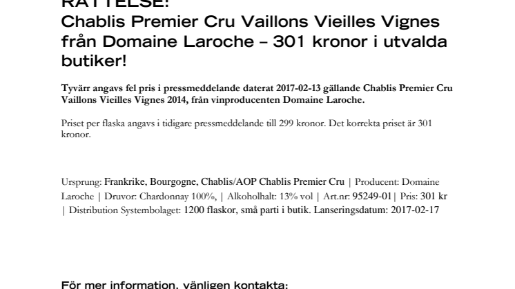 RÄTTELSE:  Chablis Premier Cru Vaillons Vieilles Vignes från Domaine Laroche – 301 kronor i utvalda butiker!