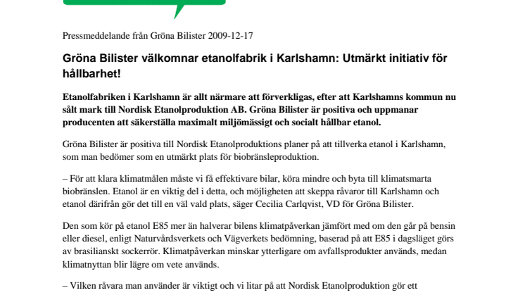 Gröna Bilister välkomnar etanolfabrik i Karlshamn: Utmärkt initiativ för hållbarhet!