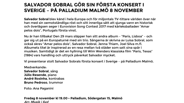 Salvador Sobral till Palladium Malmö 8 november – första spelningen i Sverige!
