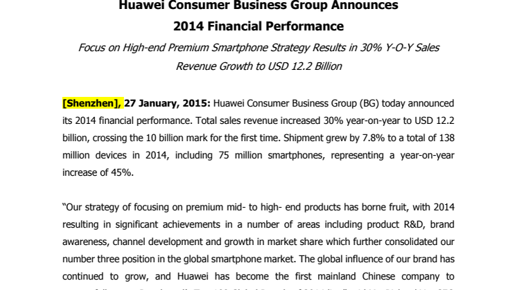 ​Huawei Consumer Business Group ökade försäljningen med 30 procent under 2014