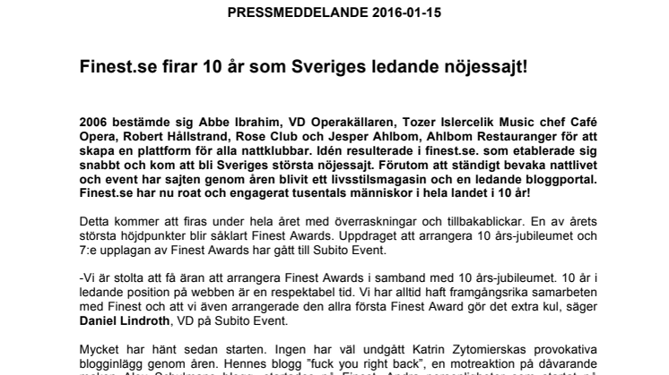 Finest.se firar 10 år som Sveriges ledande nöjessajt!