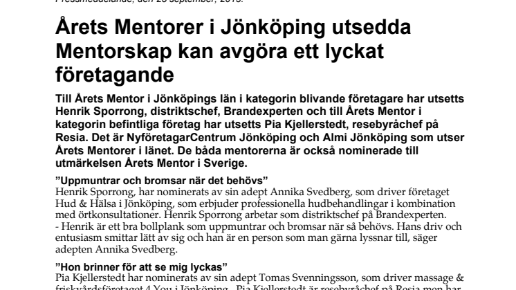 Årets Mentorer i Jönköping utsedda! Mentorskap kan avgöra ett lyckat företagande