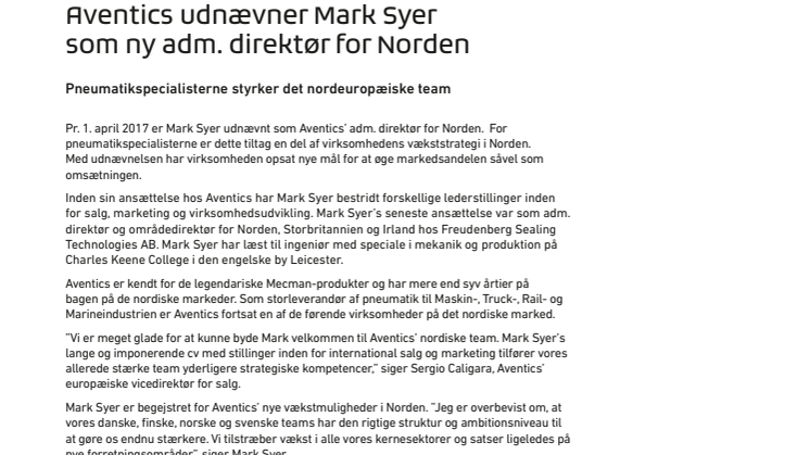 Aventics udnævner Mark Syer som ny adm. direktør for Norden