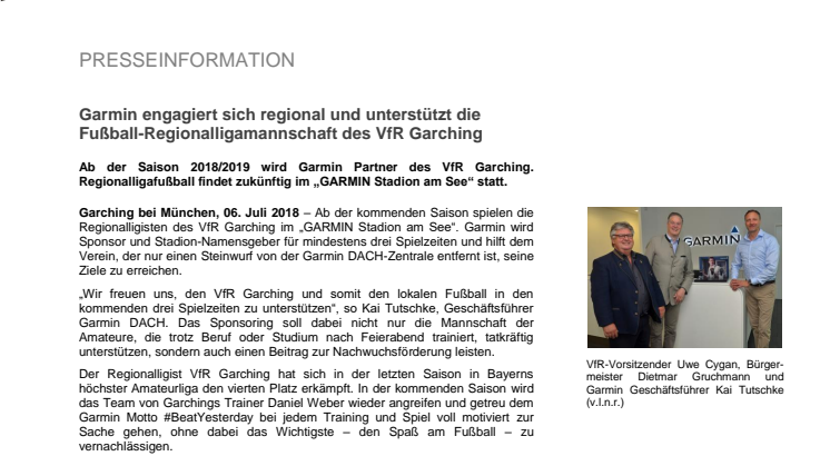 Garmin engagiert sich regional und unterstützt die Fußball-Regionalligamannschaft des VfR Garching