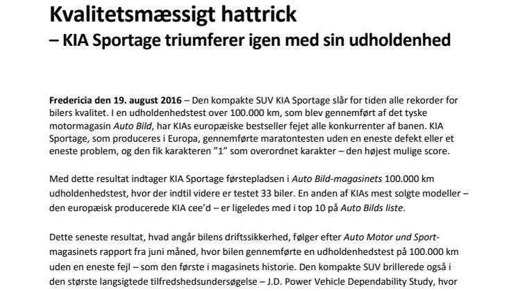 Kvalitetsmæssigt hattrick  – KIA Sportage triumferer igen med sin udholdenhed