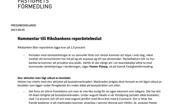 Kommentar till Riksbankens reporäntebeslut