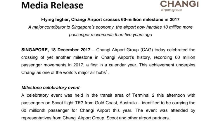 Flying higher, Changi Airport crosses 60-million milestone in 2017