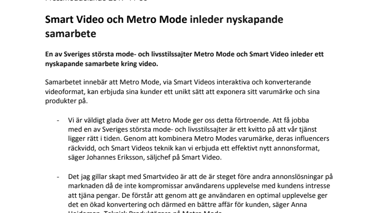 Smart Video och Metro Mode inleder nyskapande samarbete 