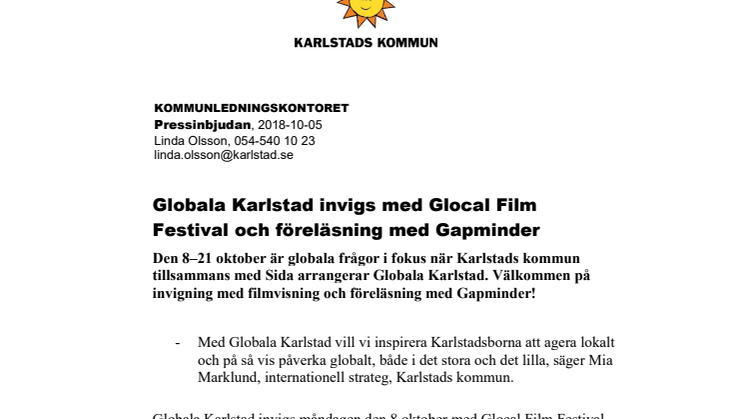 Globala Karlstad invigs med Glocal Film Festival och föreläsning med Gapminder