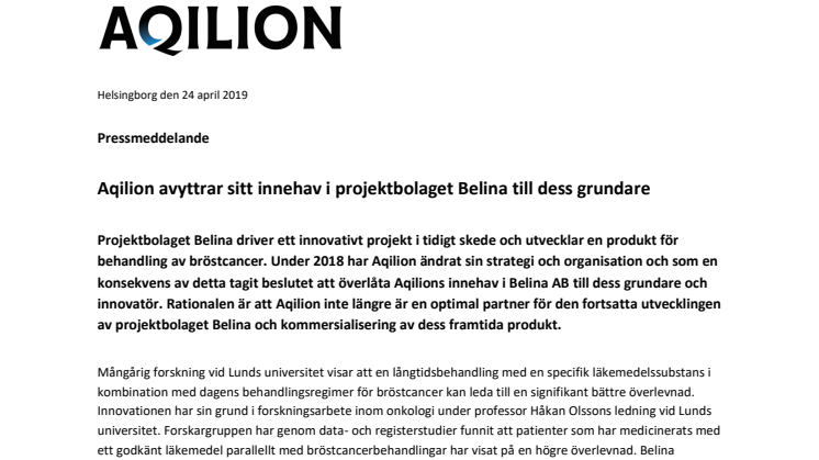 Aqilion avyttrar sitt innehav i projektbolaget Belina till dess grundare 