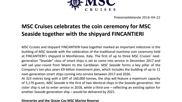 MSC Cruises celebrates the coin ceremony for MSC Seaside together with the shipyard FINCANTIERI