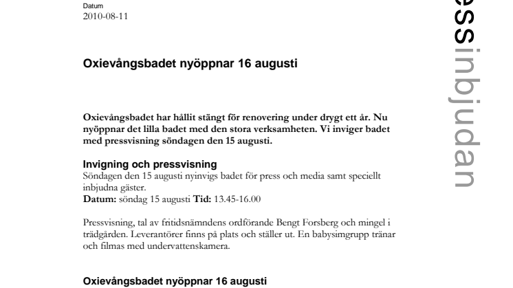 Oxievångsbadet i Malmö nyöppnar 16 augusti