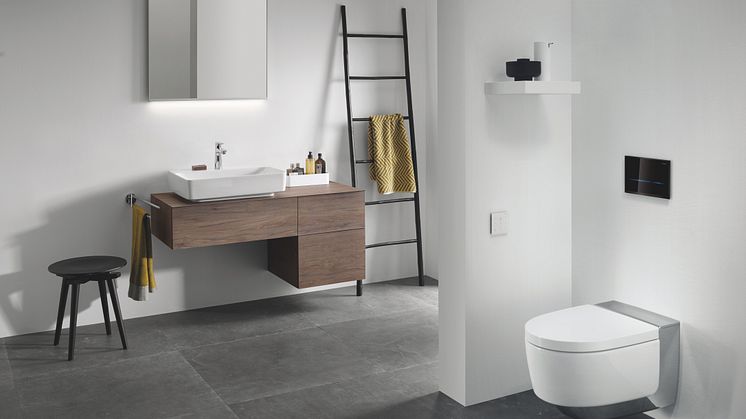 Geberit Variform pesuallas ja allaskaappi laatikoilla, AquaClean Mera Comfort wc-istuin, Sigma80 huuhtelupainike, Option Plus peili