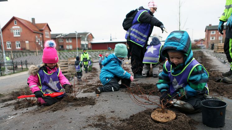 Plantering vid Furulund station - förskolebarn planterar