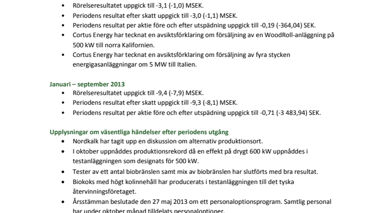 Delårsrapport för Cortus Energy AB (publ) januari – september 2013