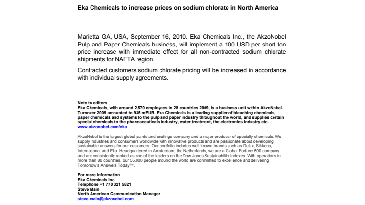 Eka Chemicals to increase prices on sodium chlorate in North America