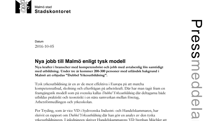 Nya jobb till Malmö enligt tysk modell
