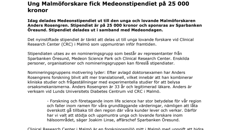 Ung Malmöforskare fick Medeonstipendiet på 25 000 kronor