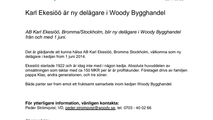 Karl Ekesiöö är ny delägare i Woody Bygghandel 