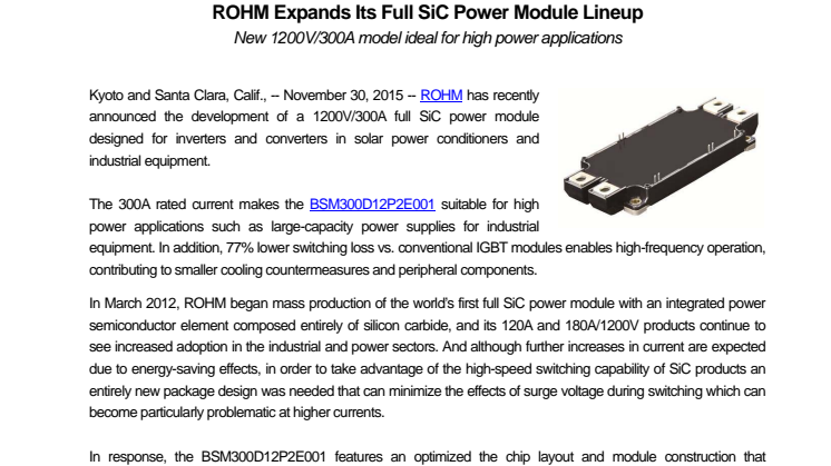 ROHM Expands Its Full SiC Power Module Lineup ---New 1200V/300A model ideal for high power applications