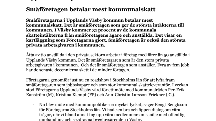 Upplands Väsby kommun: Småföretagen betalar mest kommunalskatt