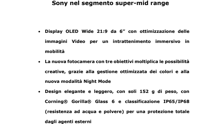Xperia 10 II porta l’impermeabilità e le migliori esperienze di intrattenimento in 21:9 targate Sony nel segmento super-mid range