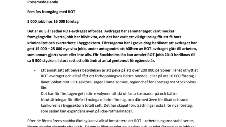 Fem års framgång med ROT - 5 000 jobb hos 16 000 företag 